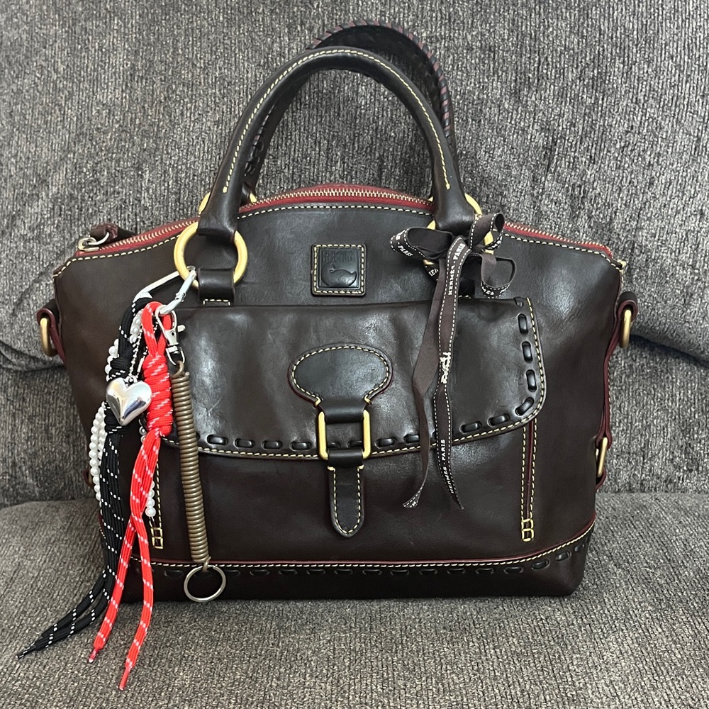 Dooney and Bourke Florentine Front pocket domed satchel in Brown Tmoro
